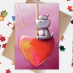 Carte de voeux papier 350g avec Illustration Originale Hippopotame Manège Coeur pour Fête des mères Anniversaire Saint-Valentin