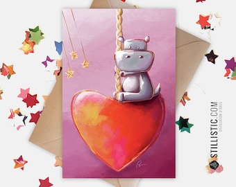 350g Paper Greeting Card with Original Illustration Hippopotamus Armoury Heart for Mother's Day Birthday Valentine's Day