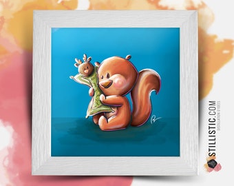 Square frame with Illustration Cuddly Squirrel and its cuddly toy for Baby Children's Room 25x25cm