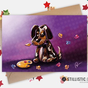 350g paper greeting card with Original Illustration Little puppy artist painter and palette for Birthday Mother's Day