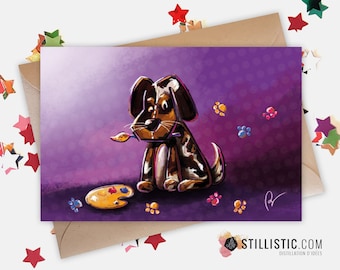 350g paper greeting card with Original Illustration Little puppy artist painter and palette for Birthday Mother's Day