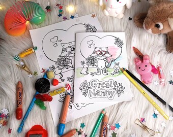 Carte merci nounou GREAT NANNY à imprimer et colorier pour enfants avec illustrations animaux