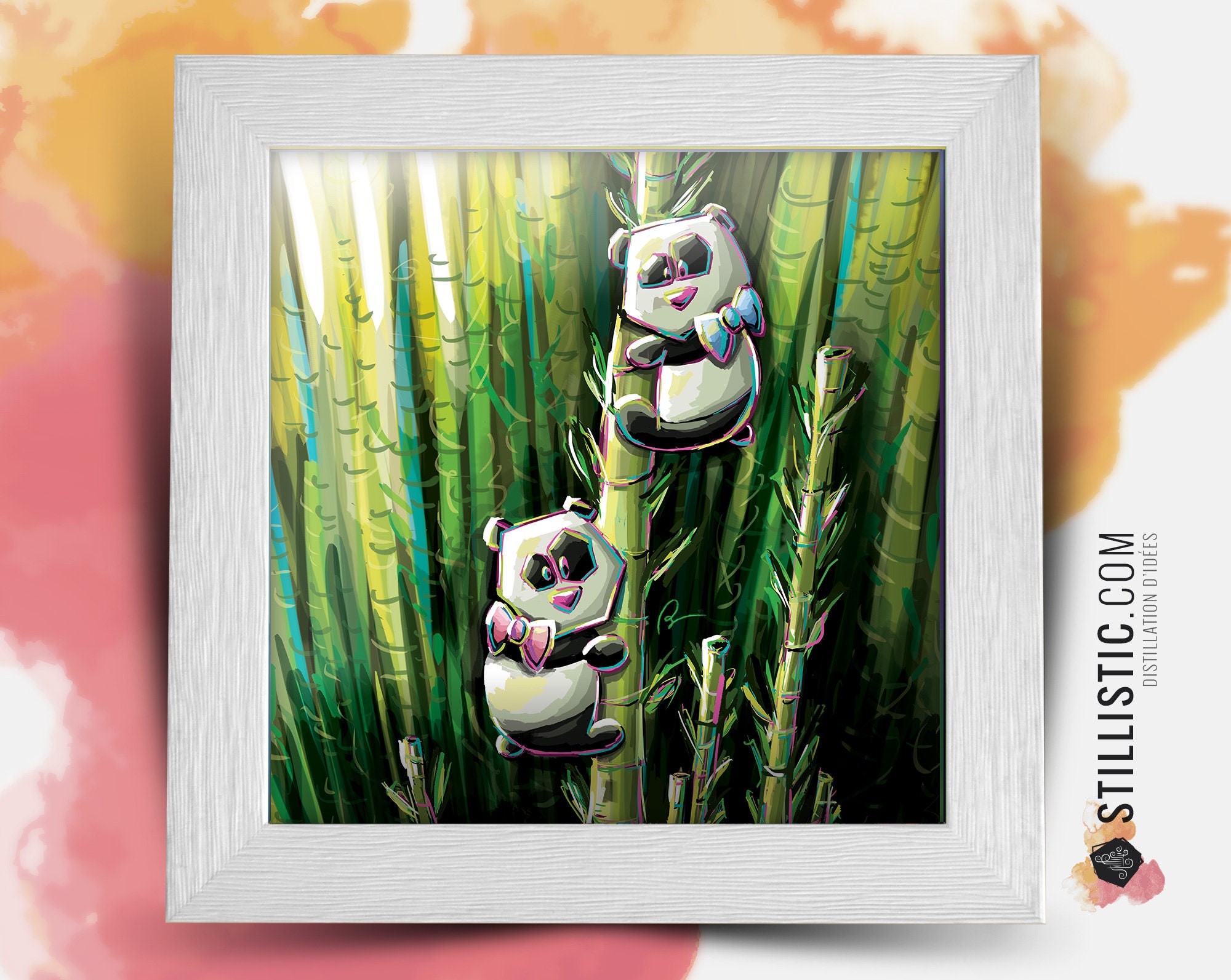 Cadre Carré avec Illustration Bébés Panda Pour Chambre Enfant Bébé 25x25cm