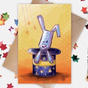 350g Paper Greeting Card with Original Illustration Magic Rabbit and Star Hat for Mother's Day Christmas New Year
