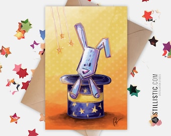 350g Paper Greeting Card with Original Illustration Magic Rabbit and Star Hat for Mother's Day Christmas New Year