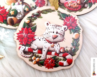 Christmas snow panther decoration in birch wood, limited edition