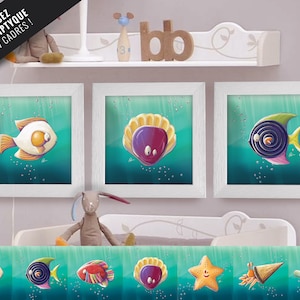 May include: A set of three framed illustrations of colorful fish with whimsical designs. The fish are swimming in a turquoise blue ocean with white bubbles. The frames are white with a light wood grain texture. The text "COMPOSEZ VOTRE TRIPTYQUE PARMI 7 CADRES!" is visible in the top left corner of the image.