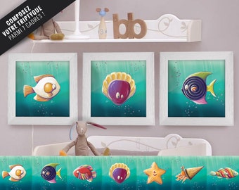 Triptyque lot de 3 Cadres carrés avec Illustrations Poissons bonbons à composer pour Chambre Enfant bébé 25x25cm