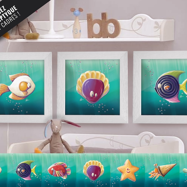 Triptyque lot de 3 Cadres carrés avec Illustrations Poissons bonbons à composer pour Chambre Enfant bébé 25x25cm