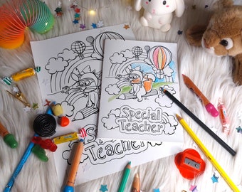 Carte merci maîtresse SPECIAL TEACHER à imprimer et colorier pour enfants avec illustrations animaux