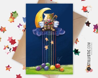 350g Paper Greeting Card with Original Illustration Cat Moon and Rainbow Balls for Birthday Friendship