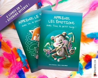 Book of 2 coloring stories: Monkey Emotions and Red Panda Yoga + free stickers. Stillistic illustrations and text.