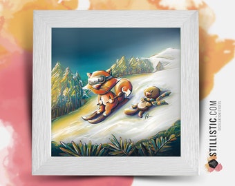 Cadre carré avec Illustration Renard et marmotte au Ski pour Chambre Enfant bébé 25x25cm