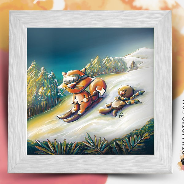 Square frame with Illustration Fox and groundhog Ski for Baby Children's Room 25x25cm