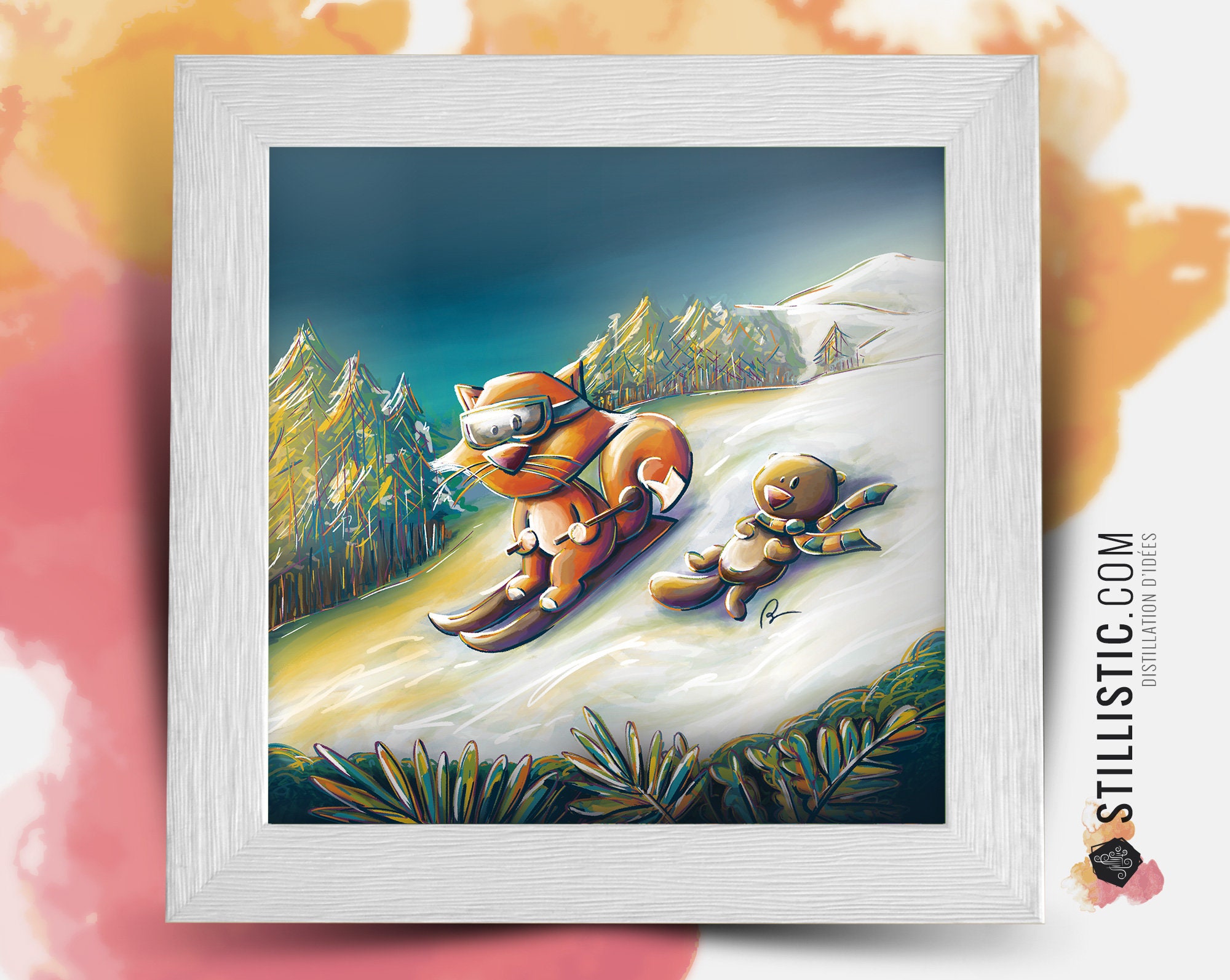 Cadre Carré avec Illustration Renard et Marmotte Au Ski Pour Chambre Enfant Bébé 25x25cm