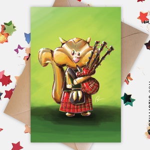 350g paper greeting card with original illustration of a baby Scottish squirrel and bagpipes for Christmas, friendship, birthday