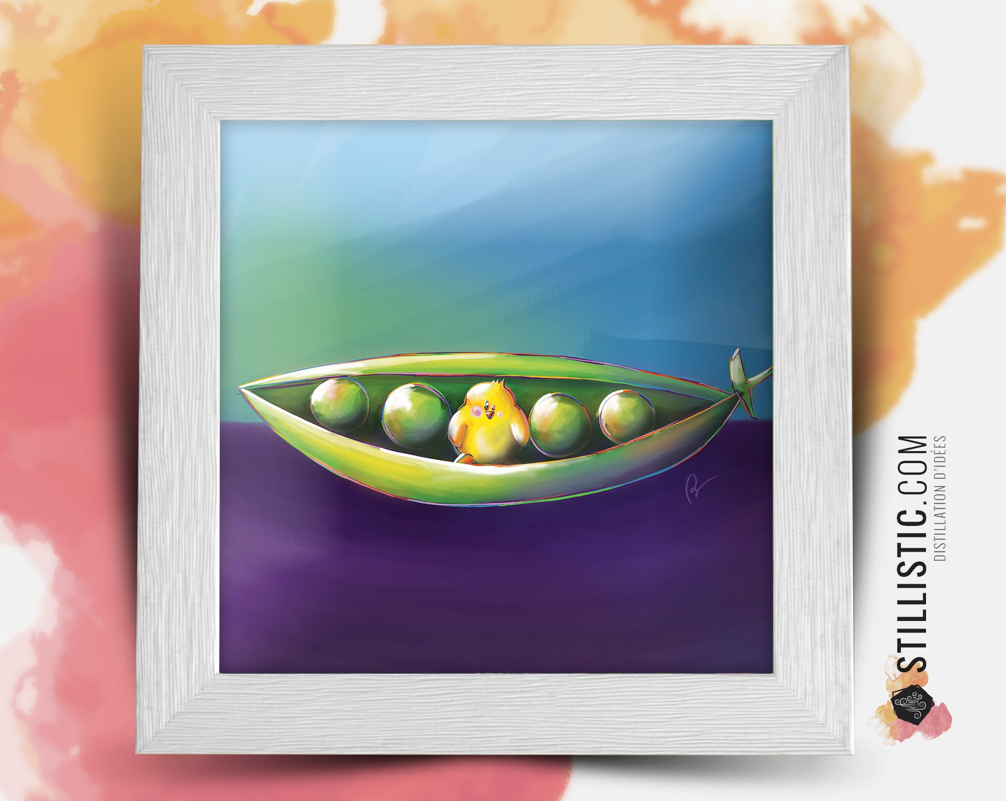 Cadre Carré avec Illustration Petit Pois et Poussin Pâques Pour Chambre Enfant Bébé 25x25cm