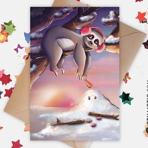 Carte de voeux papier 350g avec Illustration Originale paresseux bonhomme de neige pour Anniversaire Noël Nouvel An