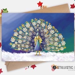 Carte de voeux papier 350g avec Illustration originale Paon Flocons de neige pour Noël Nouvel An Fêtes de fin d'année