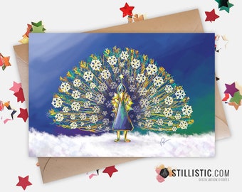 350g paper greeting card with original illustration Peacock Snowflakes for Christmas New Year Holidays