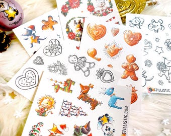 Colored sticker sheets and coloring pages. Christmas Animal Illustrations. Stillistic style. Recycled paper.