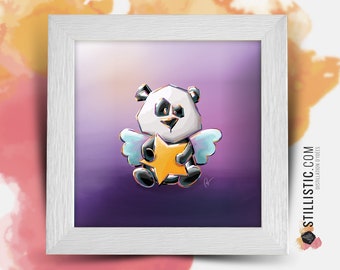 Square frame with Illustration Baby Angel Panda and stars for Baby Room 25x25cm