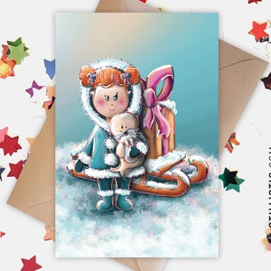 Carte de voeux papier 350g avec Illustration Originale Petite fille esquimau et cadeau Noël Nouvel An Amitié Anniversaire