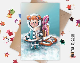 350g Paper Greeting Card with Original Illustration Little Eskimo Girl and Christmas Gift New Year Friendship Birthday