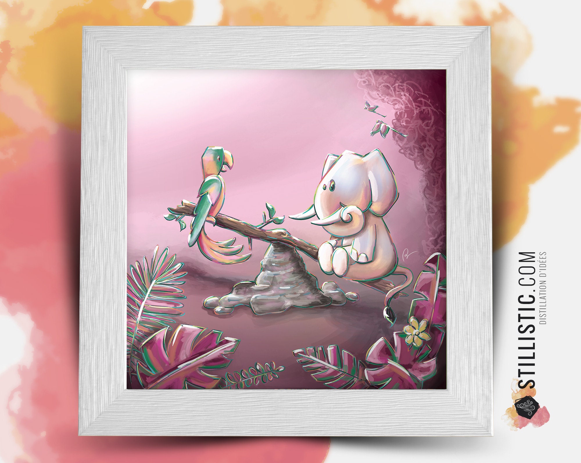 Cadre Carré avec Illustration Jungle Éléphant et Perroquet Pour Chambre Enfant Bébé 25x25cm