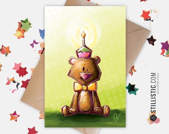 350g Paper Greeting Card with Original Illustration Bear Cupcake Candle for Birthday