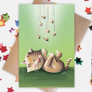 350g Paper Greeting Card with Original Illustration Cat and Stars