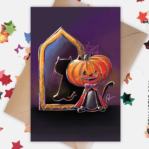 Carte de voeux papier 350g avec Illustration Originale Chat citrouille d'Halloween pour Anniversaire