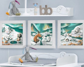 Triptych set of 3 square frames with Illustration of North Pole Animals for Baby Children's Room 25x25cm