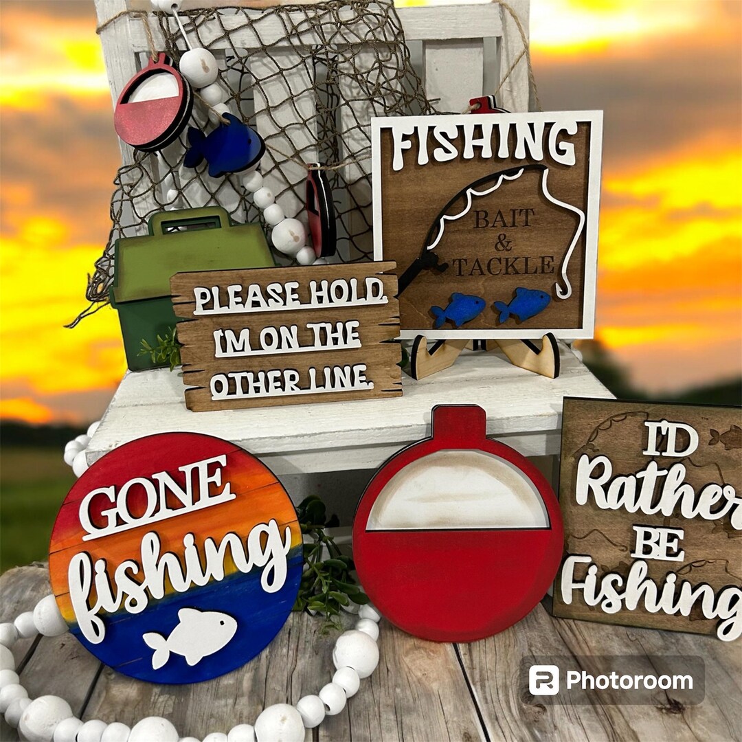 accent tray with fishing lure decoration Fishing Tiered Tray Decor: Set of 7 With Banner/ Wood Sign Bundle