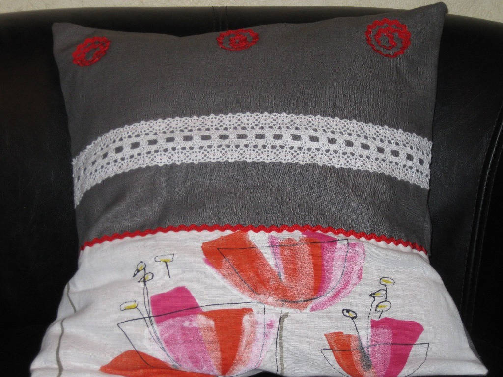 Housse de Coussin en Lin Gris Thème Fleur Coquelicot 40/40 Pour Le Salon ou La Chambre