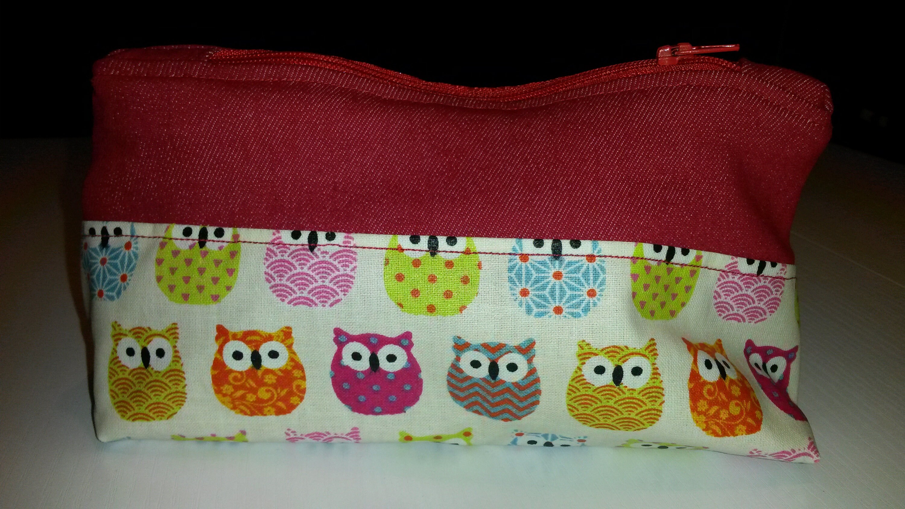 Trousse Scolaire ou Maquillage en Toile Enduite Motifs Chouettes Multicolores et Rouge