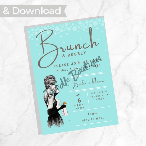 Editable Breakfast T&CO Bridal Shower Invitation, Teal Blue Invitation, Breakfast at Shower Theme, Instant Download