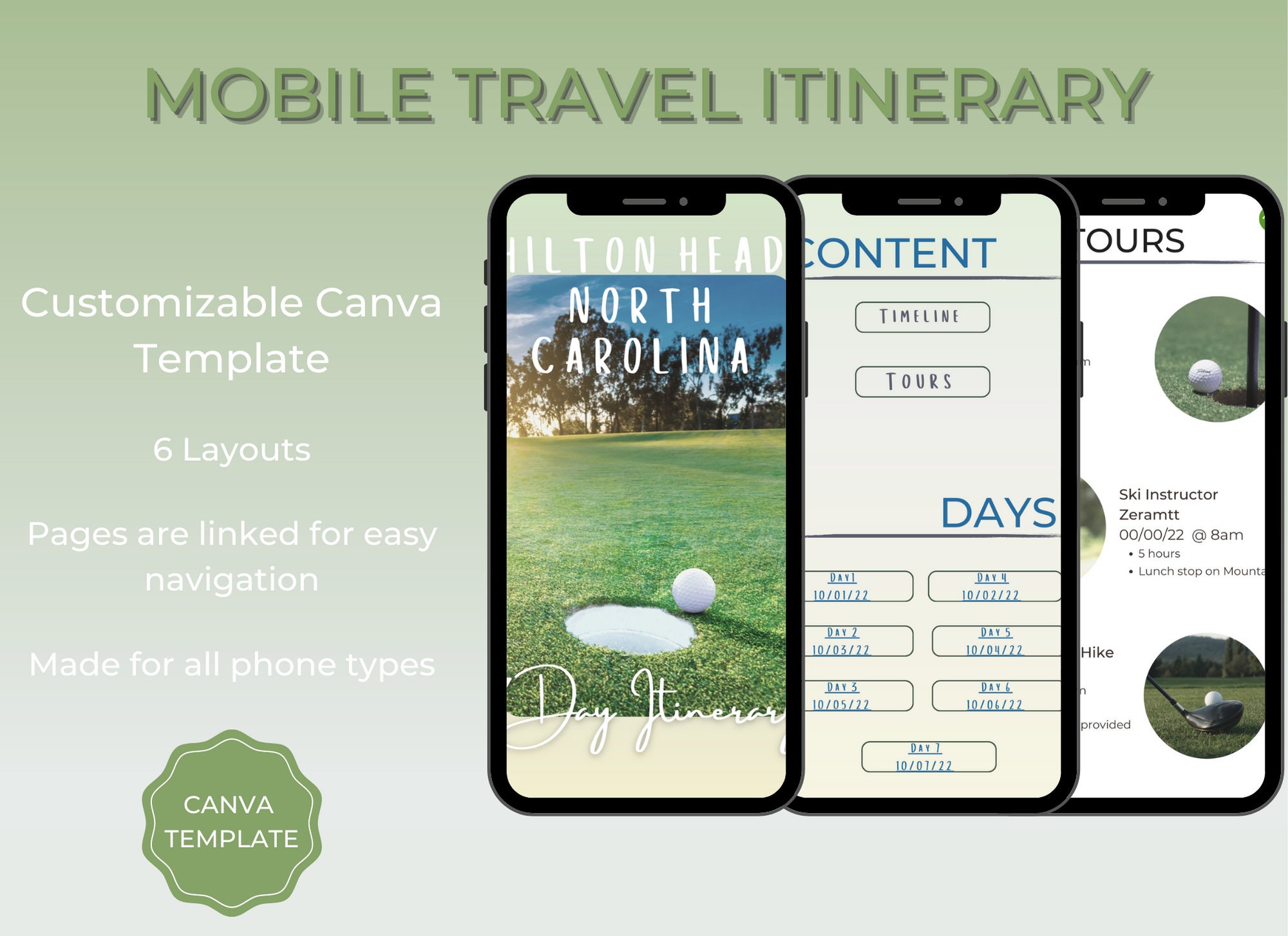 Golf Mobile Travel Itinerary Template, Digital Trip Itinerary, Travel ...