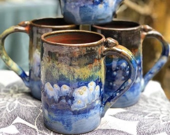 4-Mug Set, 4-Large Blue Pottery Mugs, Ceramic Coffee Mugs Set, Stoneware Mugs, 9th Anniversary Gift, Personalized Pottery Mugs, Pottery Mugs