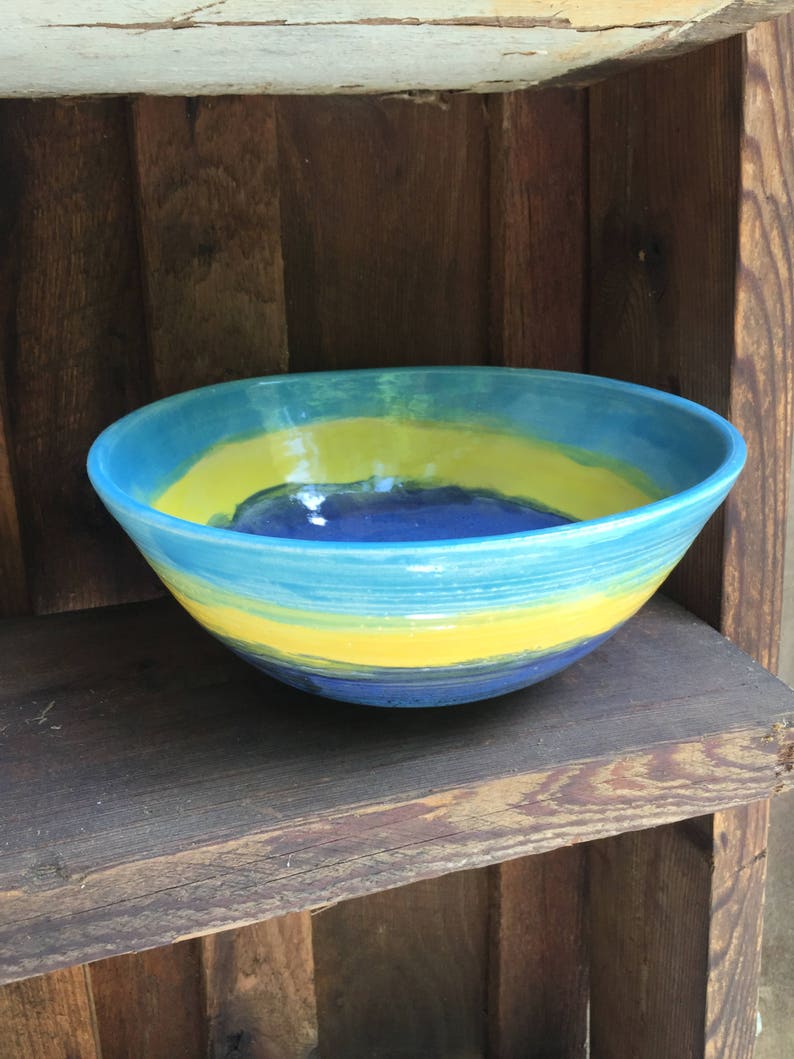 Large Pottery Bowl Blue & Yellow Ceramic Pasta Bowls | Etsy