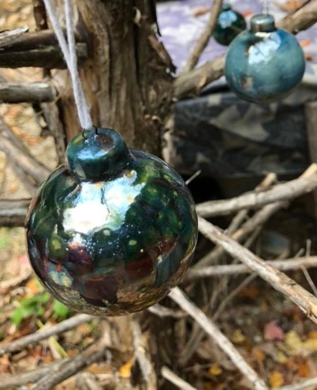 Raku Christmas Ornament Circle Pottery Ornaments Circle Bulb Etsy