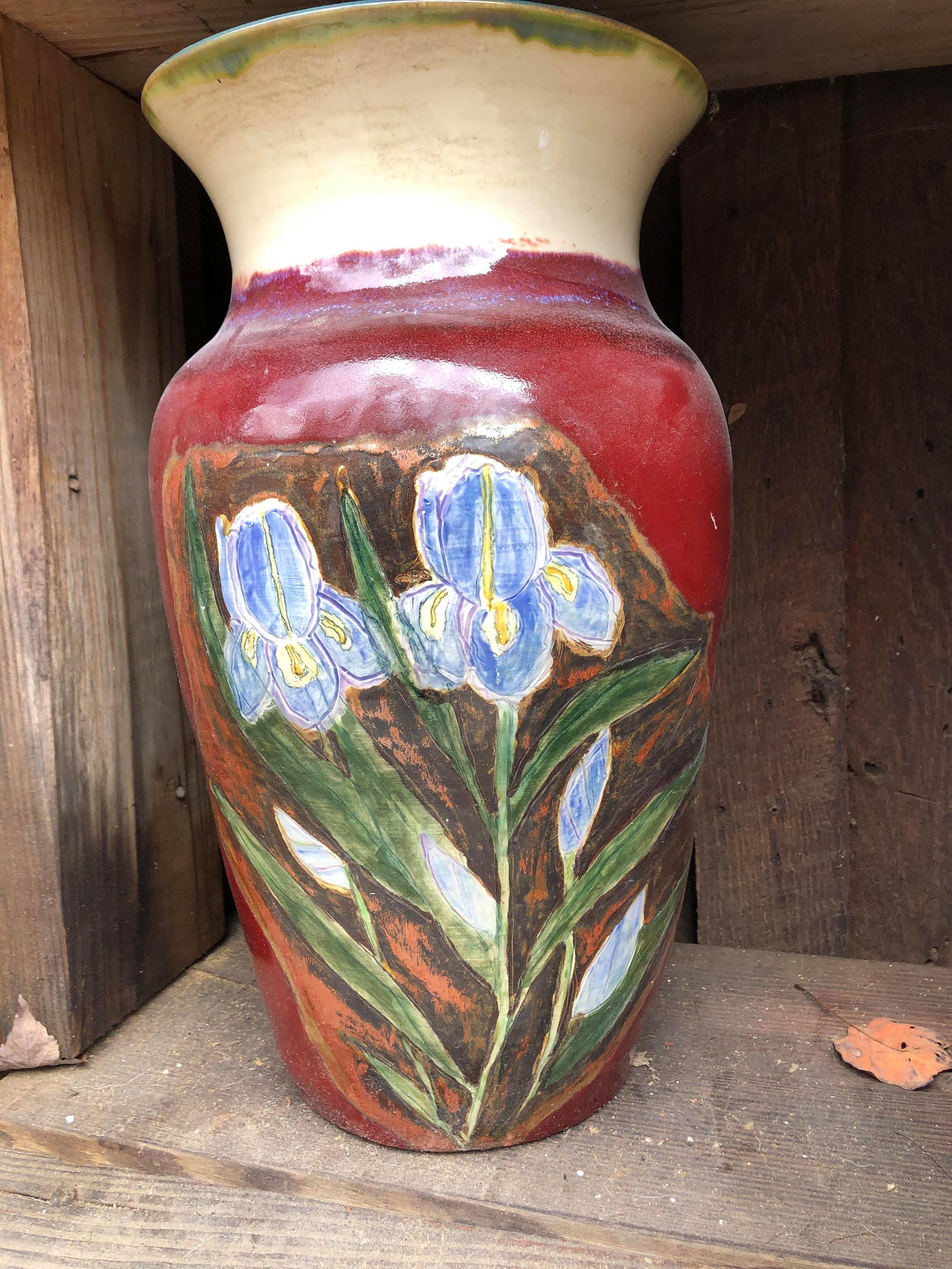 Iris Pottery Vase Hand Carved and Painted Iris Flowers Large Etsy