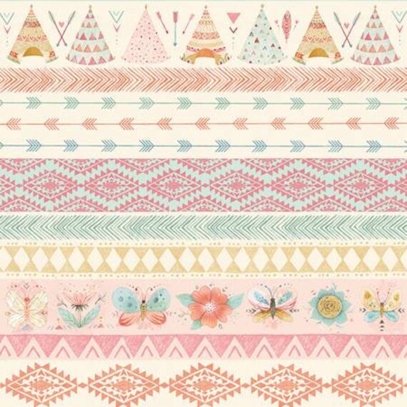 Dream Catcher Flannel Cream Striped Teepees, Flowers & Butterflies