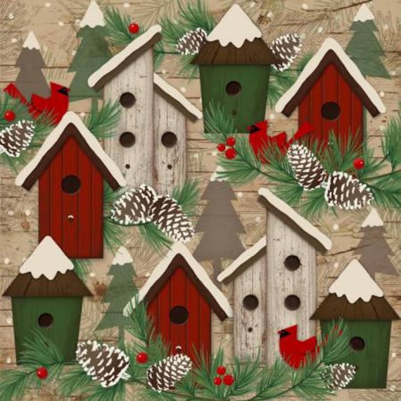 Woodland Retreat Birdhouses Flannel Fabric