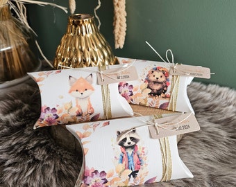 Enchanted forest themed candy box, hedgehog, squirrel, raccoon and fox