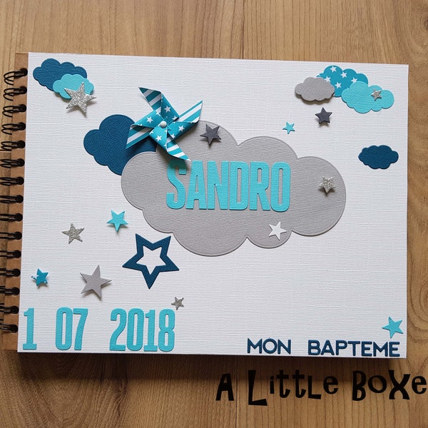 Livre d'or bapteme, anniversaire thème nuage turquoise