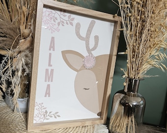 Personalized children's room decoration frame with little fawn and doe theme