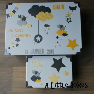 Boite à souvenirs de naissance, 1ère fois thème éléphant, jaune et gris