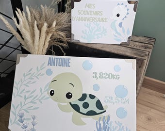Birth memory box, turtle theme, green and blue