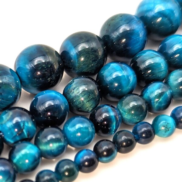 Teal Blue Tiger Eye Beads - Luxurious Shimmering Bead Strands in 4mm, 6mm, 8mm, 10mm Sizes